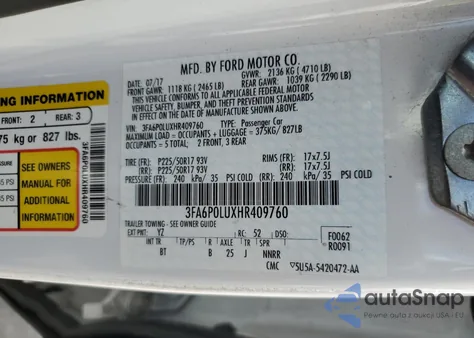 2017 Ford Fusion Se Hybrid из США, поврежденный, VIN 3FA6P0LUXHR409760
